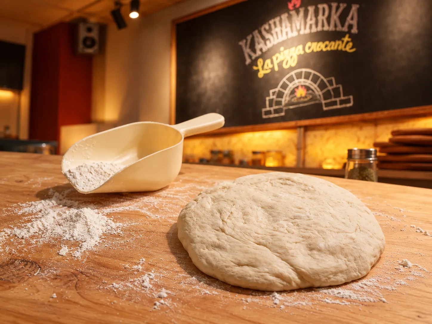 Masa de pizza Kashamarka sobre mesa de trabajo