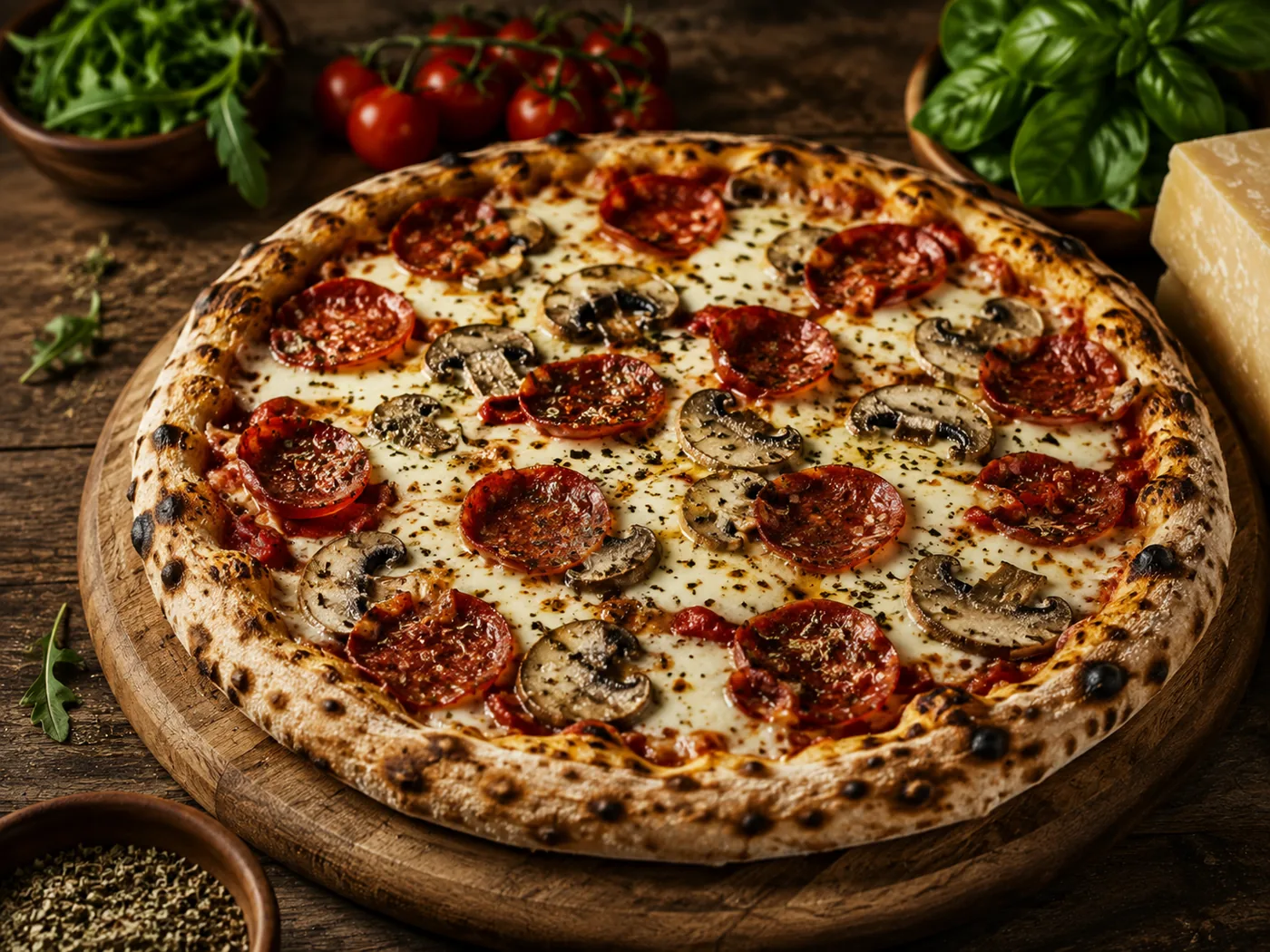 Pizza artesanal en una composición editorial