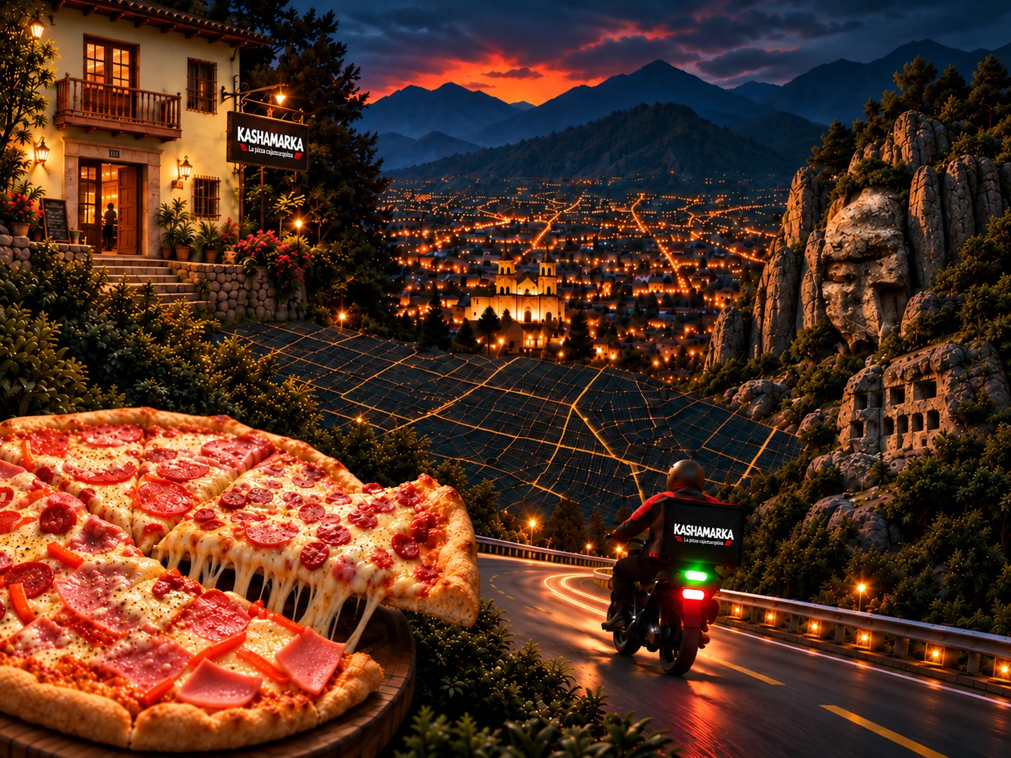 Kashamarka, pizza y repartidor sobre Cajamarca al anochecer